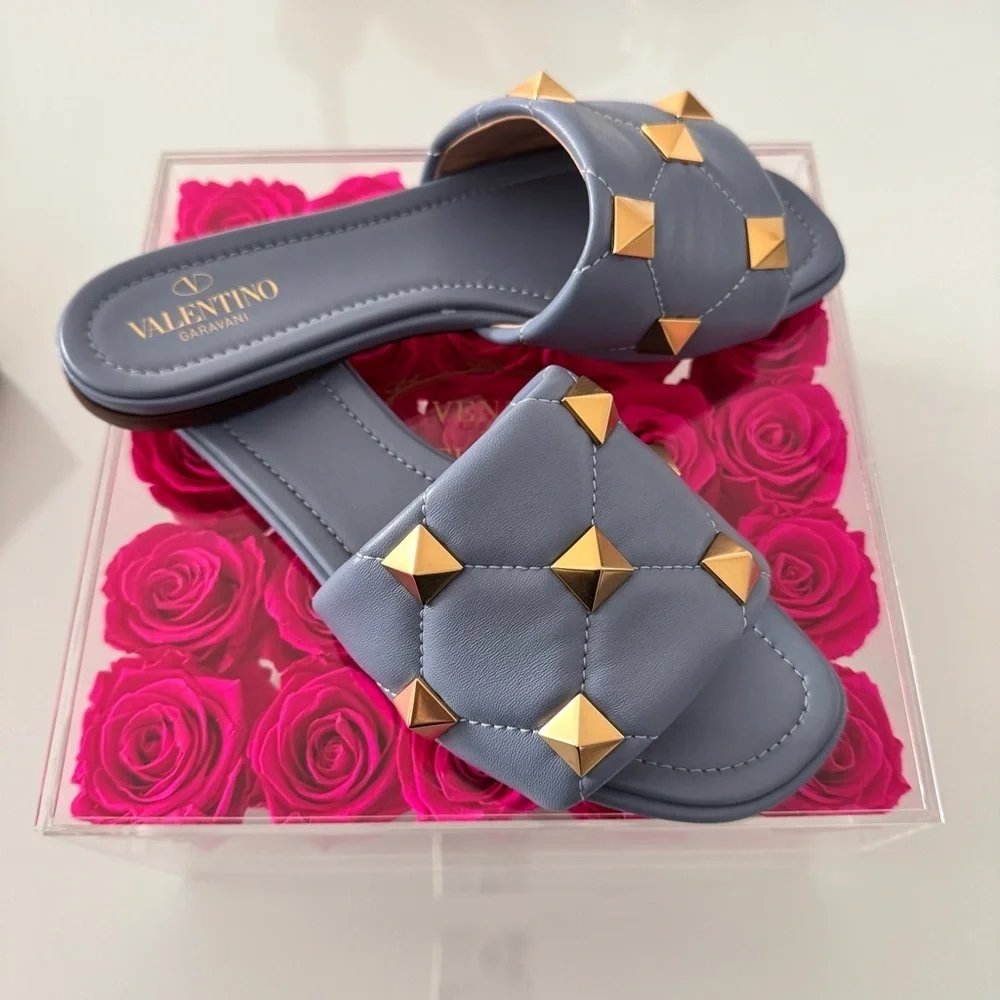 Valentino Roman Stud Flat Slide Sandal In Quilted Nappa Slipper size 38 /8 - Picture 5 of 14